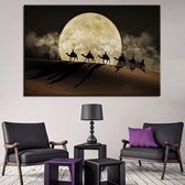 Canvas Schilderij * Kamelen Karavaan in Sahara bij Volle Maan * - Modern Romantisch - kleur - 70 x 100 cm