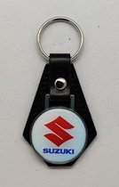 Sleutelhanger - Suzuki - Wit met Blauwe Tekst - Leer - Leather - Metaal - Auto