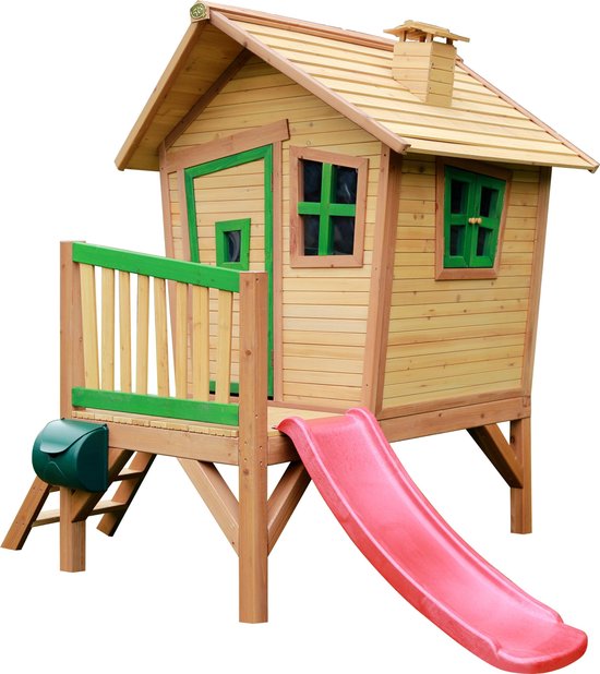 AXI Robin Speelhuis in Bruin/Groen - Met Verdieping en Rode Glijbaan - Speelhuisje op palen met veranda - FSC hout - Speeltoestel voor de tuin