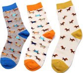 Leuke sokken dames - 3 paar -print hond - wit - grijs - 36-40