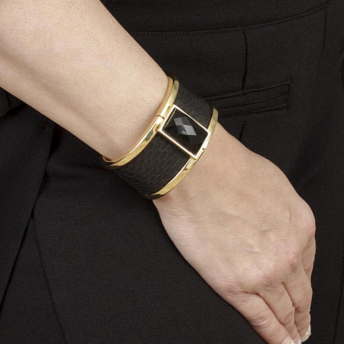NEW SALE van 74,00 EUR afgeprijsd, BELUCIA dames bangle - armband KK-02 kalfsleer mat zwart, goudkleurig, maat 16,8 cm