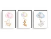 Postercity - Design Canvas Poster Set Konijn, Eekhoorn en Olifant met Ballonnen / Kinderkamer / Dieren Poster / Babykamer - Kinderposter / Babyshower Cadeau / Muurdecoratie / 40 x 30 cm / A3