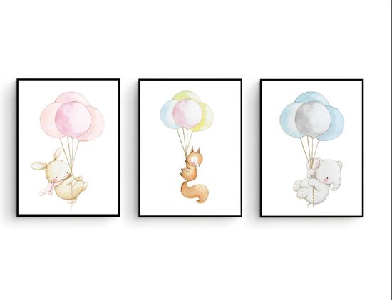 Postercity - Design Canvas Poster Set Konijn, Eekhoorn en Olifant met Ballonnen / Kinderkamer / Babykamer - Kinderposter / Babyshower Cadeau / Muurdecoratie / 40 x 30 cm / A3