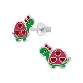 Joy|S - Zilveren schildpad oorbellen 10 x 10 mm rode hartjes