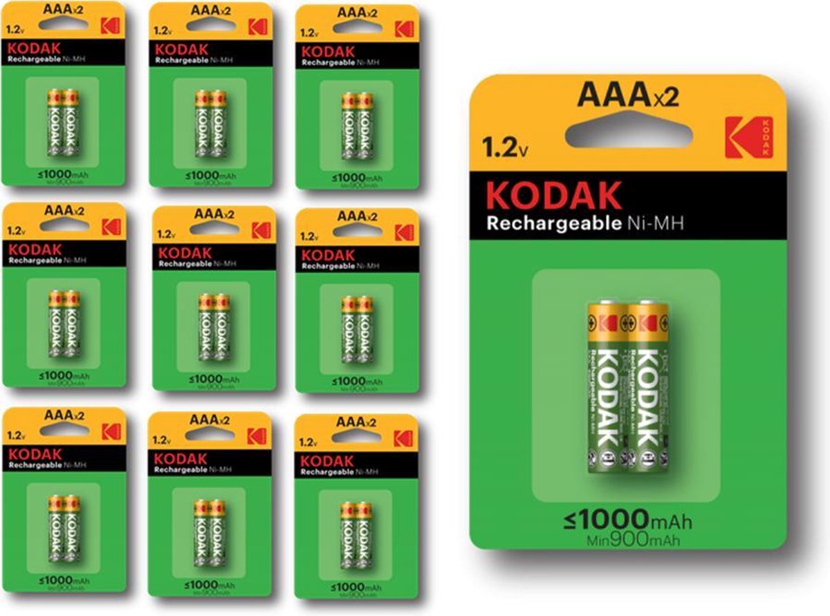 Kodak 1000mAh AAA oplaadbare batterijen 1.2V NiMH - 20 Stuks (10 Blisters a 2St)