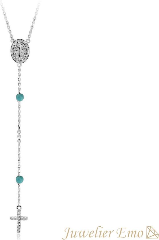 Juwelier Emo - Rozenkrans ketting Zilver met Turquoise stenen - Kruis  hanger - 50 cm | bol.com