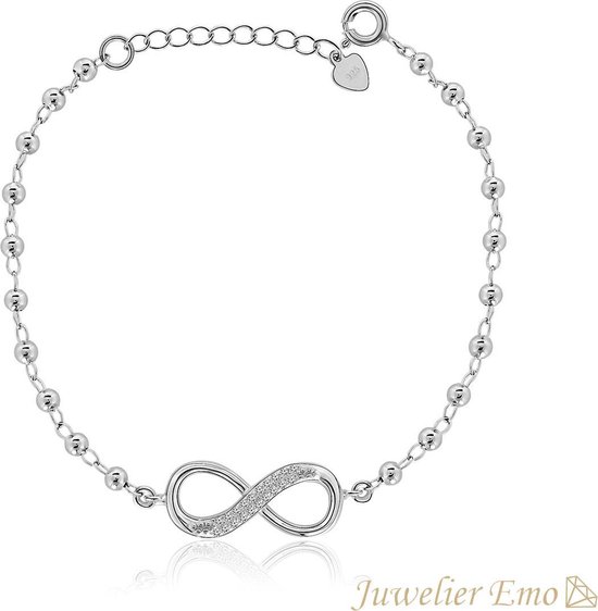 Juwelier Emo - Infinity armband met Zirkonia's - Zilveren Armband Dames - LENGTE 21 CM