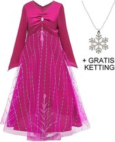 Elsa jurk roze Deluxe 146-152 (150) + GRATIS ketting Prinsessen jurk verkleedkleding