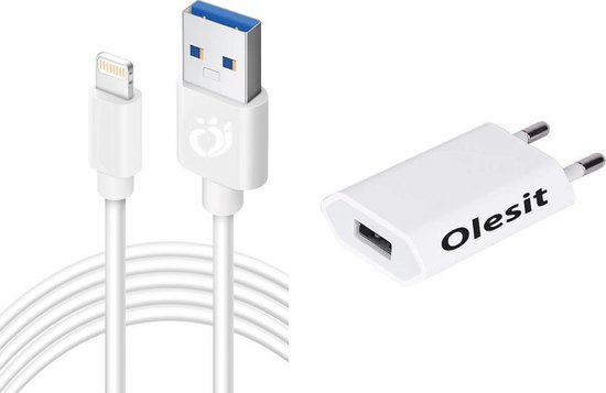 1 Pack OLESIT UNS-1536 USB Lader Stekker- Premium Kwaliteit - Oplader + Kabel - Geschikt voor iOS Smartphones - 3 Meter Oplaadkabel en Adapter