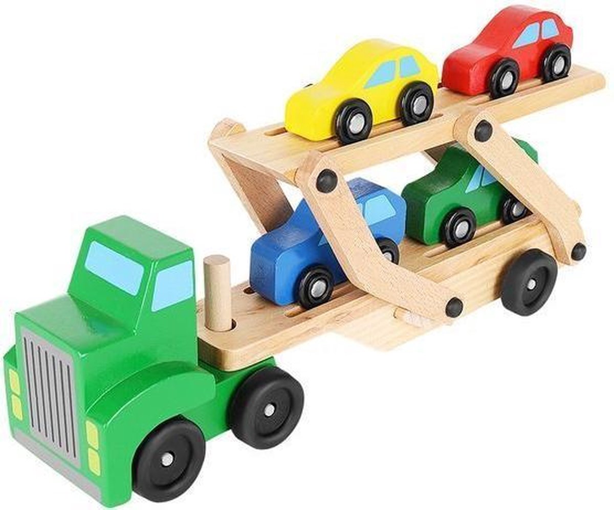 Houten kinderspeelgoed vrachtwagen met 4 x auto autotransporter bol
