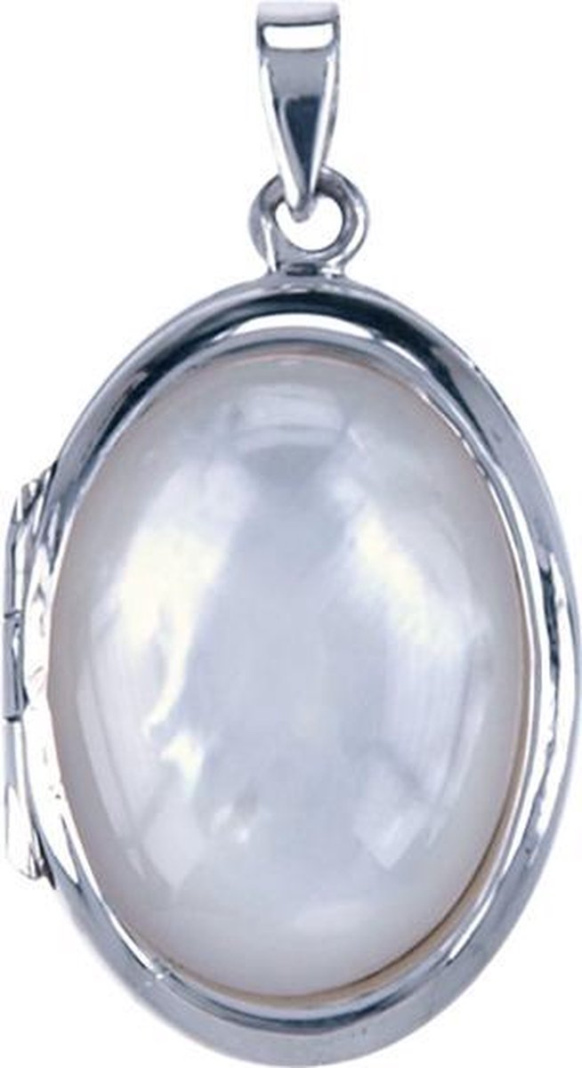 Zilveren Foto medaillon ovaal met witte schelp 2 foto's ketting hanger - MOOYE ® - Collectie