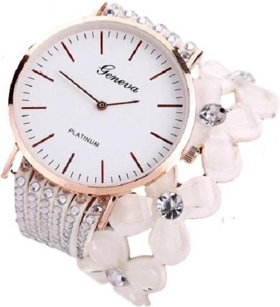 Geneva - horloge met witte wikkelband - bloemen - 35 mm - I-deLuxe verpakking