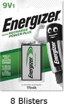 8 stuks (8 blisters a 1 stuk) Energizer 9V batterij oplaadbaar 175 mAh HR22 Rechargeable