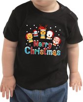 Kerst t-shirt zwart - Merry Christmas - dierenvriendjes - peuter - kerst kleding - jongen / meisje 98 (13-36 maanden)