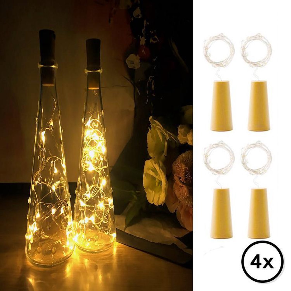 Flesverlichting - Set van 4 incl. Batterijen - Flessenlicht - Kurk verlichting