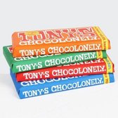 Tony's Chocolonely chocoladereep - karamel/zeezout, melk/hazelnoot, puur, melk - 4 stuks