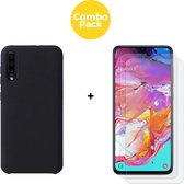 Samsung Galaxy a70 Telefoonhoesje met 2 x Screenprotector | Siliconen Tpu Smartphone Back Cover Zwart | Gehard Beschermglas