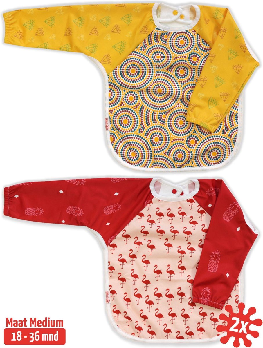 Goedkoopste Slab met mouwen set 2 stuks | KliederZ lange mouwslab 18 - 36 mnd | meisjes peuter slab Aboriginal art & Flamingo LB03