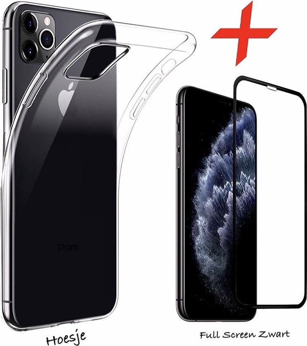 iPhone 11 Pro transparent Hoesje + Tempered Glass Screen protector Full Cover Zwart. Siliconen TPU Soft Case - Eff Pro
