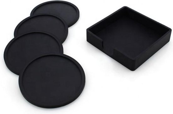 Onderzetters Voor Glazen Set Mat Zwart | Glasonderzetter Met Houder | Siliconen Onderleggers Glazen | Coasters | 4 Stuks