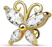 Tragus piercing vlinder CZ 14 kt. gold plated