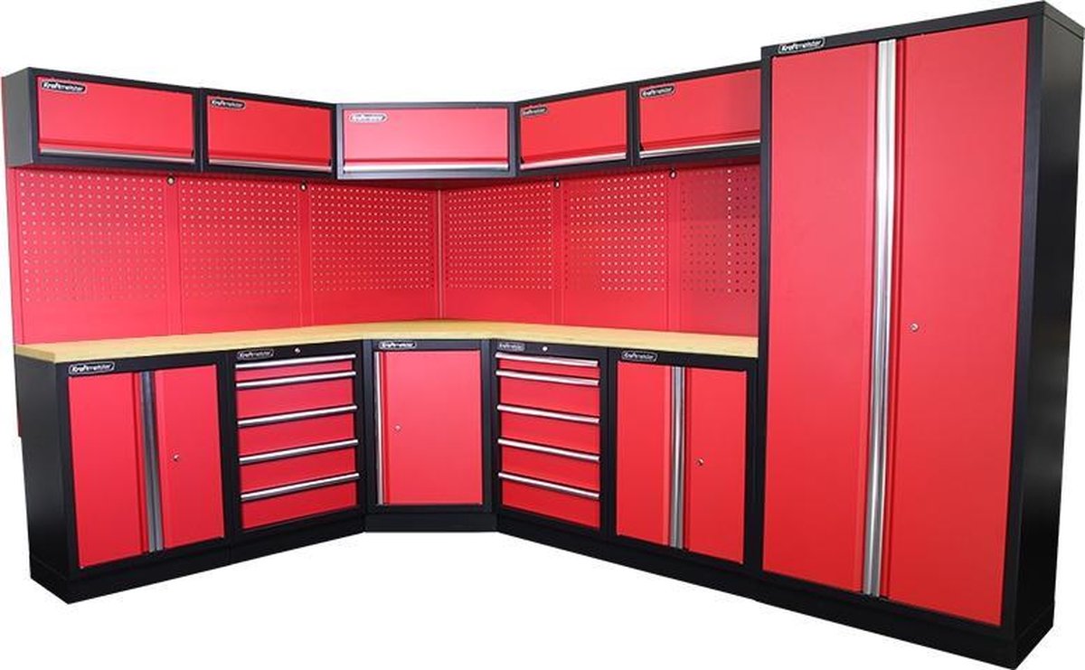 Kraftmeister werkplaatsinrichting - Werkbank met 5 wandkasten, 1 werkplaatskast en multiplex werkblad - Werktafel met 8 laden, 3 opbergkasten en gereedschapswand - Complete set voor werkplaats of garage - Rood