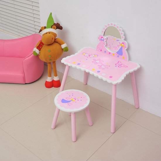 Kaptafel Set met kruk en spiegel - Speelgoed Kinder Make -Up Tafel - Hout -  Roze | bol.com
