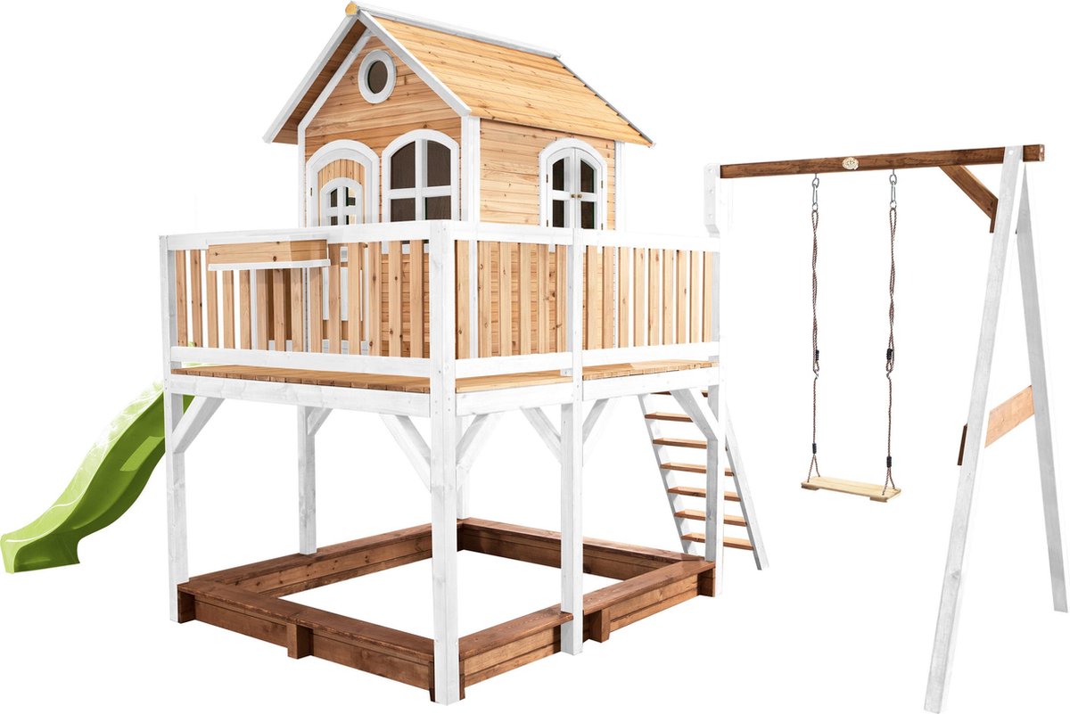 AXI Liam Speelhuis in Bruin/Wit - Met Verdieping, Zandbak, Enkele Schommel en Limoen Groene Glijbaan - Speelhuisje voor de tuin / buiten - FSC hout - Speeltoestel voor kinderen