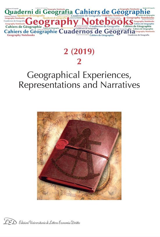 Antiek bruin notitieboek met een wereldkaartprint en een zegel erop gebonden met touw. Titel: Geographical Experiences, Representations and Narratives.