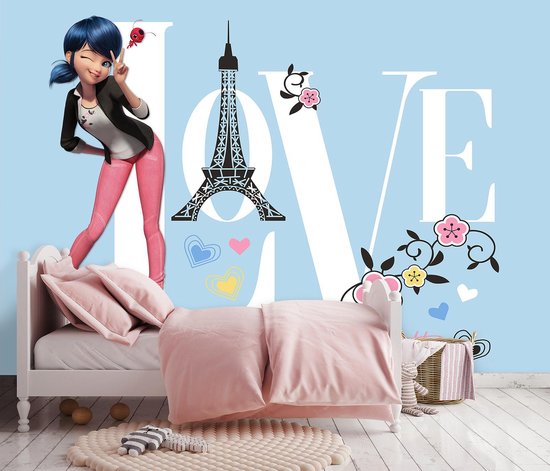 Miraculous Lady Bug en Cat Noir Love Parijs Behang – kinderkamer fotobehang Marinette Eiffeltoren – kinderbehang – 368 x 254 cm – blauw