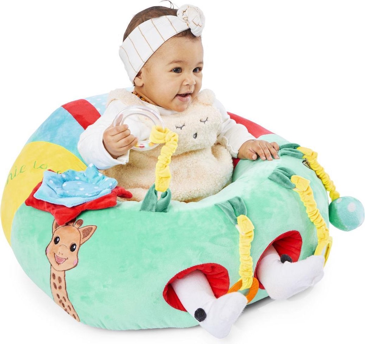 Sophie de giraf Baby Seat & Play - Babystoel met activiteiten - Baby speelgoed - Kraamcadeau - Babyshower cadeau - Vanaf 3 maanden - 27 x 55 x 50 cm - Polyester - Sophie de Giraf