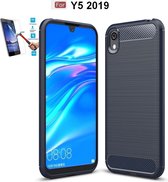 Huawei Y5 2019 / Honor 8S Carbone Brushed Tpu Blauw Cover Case Hoesje - 1 x Tempered Glass Screenprotector CTBL