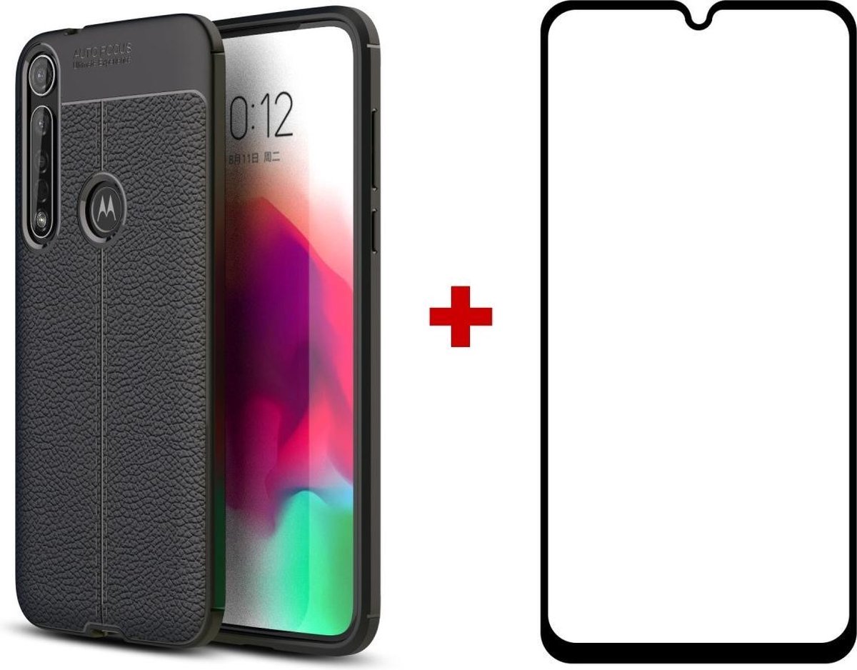 Silicone Leatherlook TPU gel zwart hoesje Motorola Moto G8 Plus met (full cover) glas screenprotector