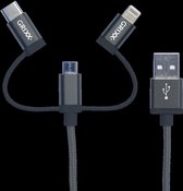 Grixx Optimum Kabel - 3in1 Mirco USB/USB-C/Apple 8-pin - Gevlochten nylon - 1 meter - Grijs