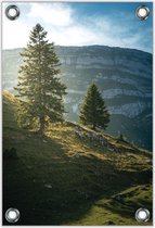 Tuinposter –Landschap met Bomen en Berg– 100x150cm Foto op Tuinposter (wanddecoratie voor buiten en binnen)