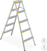 Relaxdays dubbele trap - huishoudtrap - trapladder - 150 kg - aluminium - inklapbaar - 5 tredes
