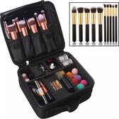 Compacte Make Up koffer met Make Up Borstel Set – Make Up Organizer met Verstelbare Vakken – 26x21x10cm – Inclusief 10 Gezichtsborstels – Zwart