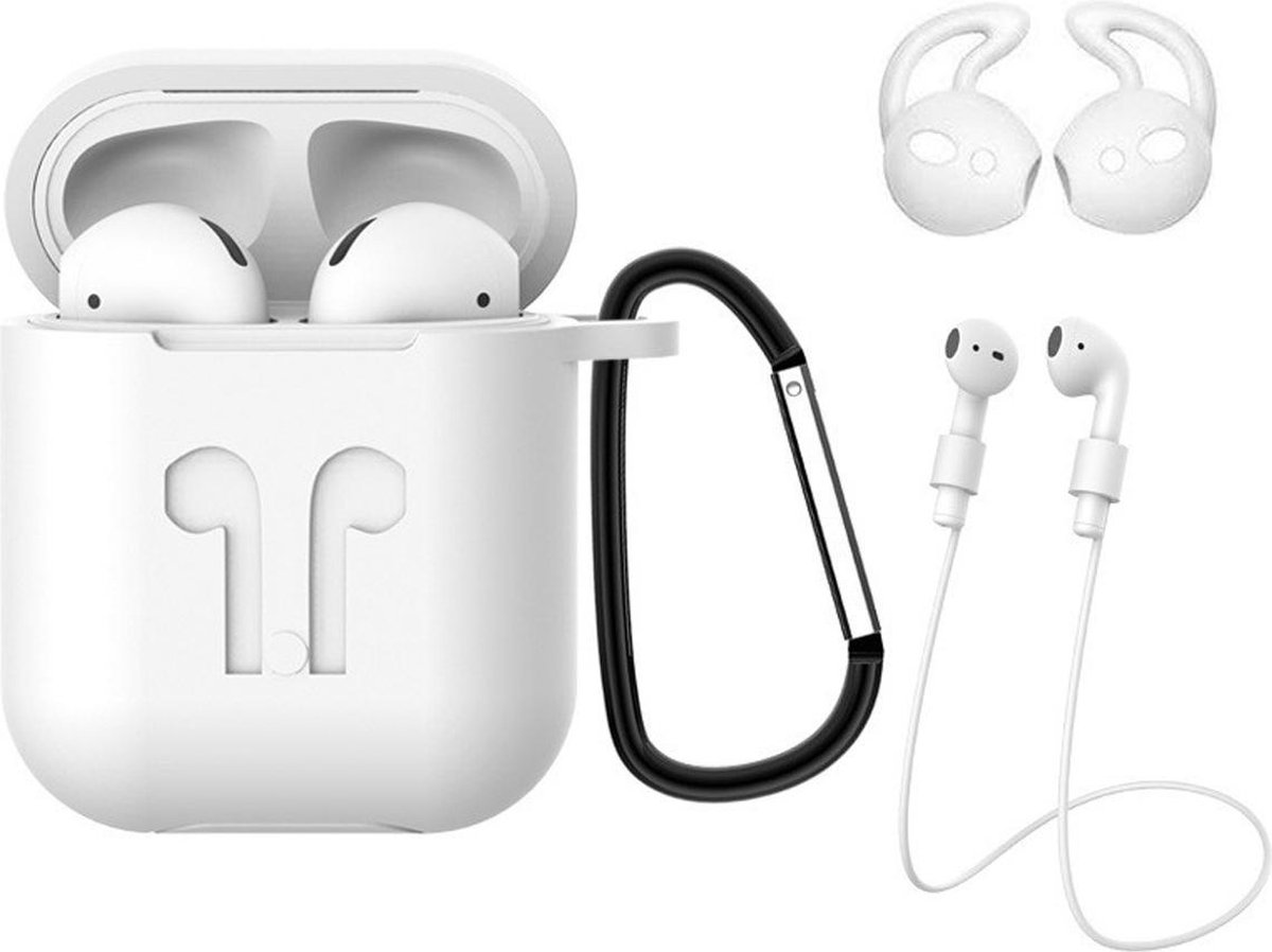 Case Geschikt voor AirPods 2 Hoesje Hoes Siliconen 3-in-1 Met Clip Cover - Hoesje Geschikt voor Apple Airpods 2 Siliconen 3-in-1 Met Clip - Wit