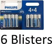 48 Stuks (6 Blisters a 8 st) Philips Ultra Alkaline Lr6/aa Batterijen 4+4