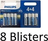 64 Stuks (8 Blisters a 8 st) Philips Ultra Alkaline Lr6/aa Batterijen 4+4