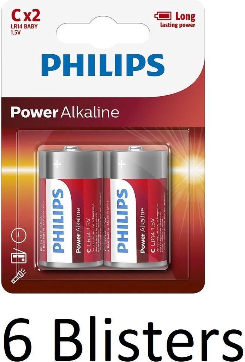 12 Stuks (6 Blisters a 2 st) batterij Power Alkaline C