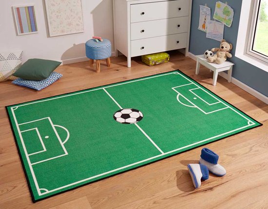 Kindervloerkleed voetbalveld & voetbal - groen 100x140 cm