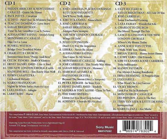 Achterkant van de albumhoes met tracklijsten voor 3 cd's van klassieke muziek, inclusief namen van artiesten.