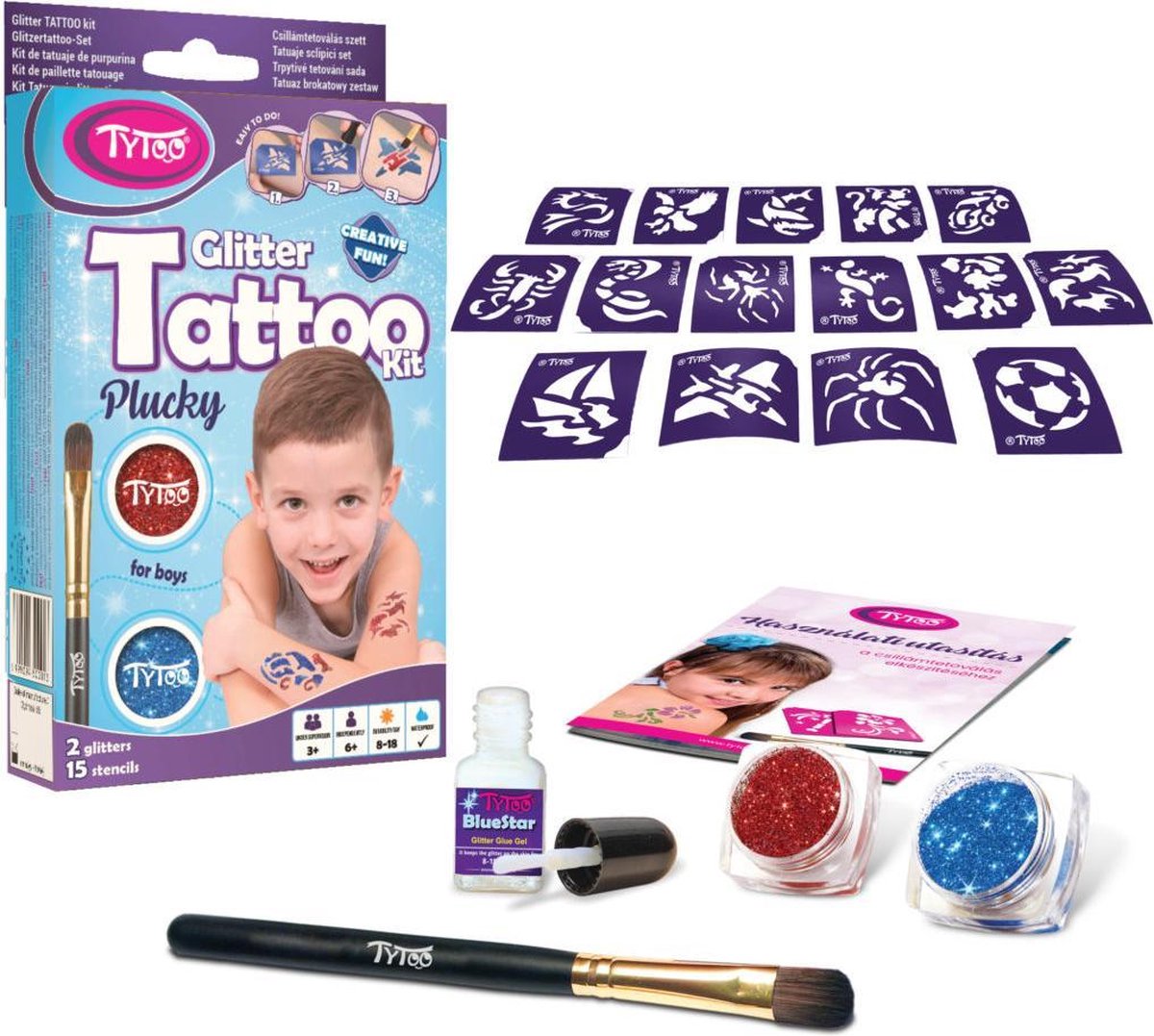 Plucky Glitter Tattoo kit, speciaal voor Jongens! Zelf stoere Tattoo