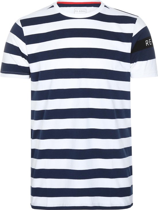 Re-Born Streep Korte Mouw T-shirt Heren - Navy/Wit
