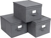 Set van 3 Stoffen Dozen met Deksel - Opvouwbare Opslagboxen met Etikettenhouder - 40 x 30 x 25 cm - Grijs