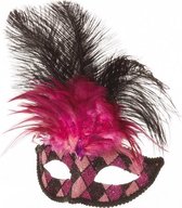 Venetiaans masker wyber en veren zwart/pink