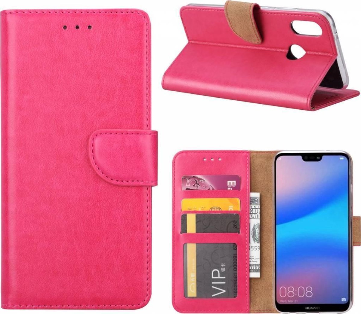 Huawei P Smart (2019) telefoon hoesje met pasjeshouder - Roze - van Bixb
