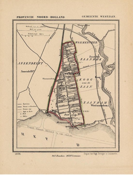 Foto: Historische kaart plattegrond van gemeente westzaan in noord holland uit 1867 door kuyper van kaartcadeau com