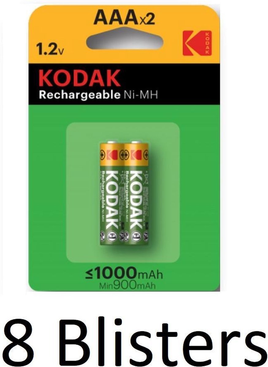 16 Stuk (8 Blisters a 2 st) Kodak oplaadbare AAA batterijen - 1000mAh